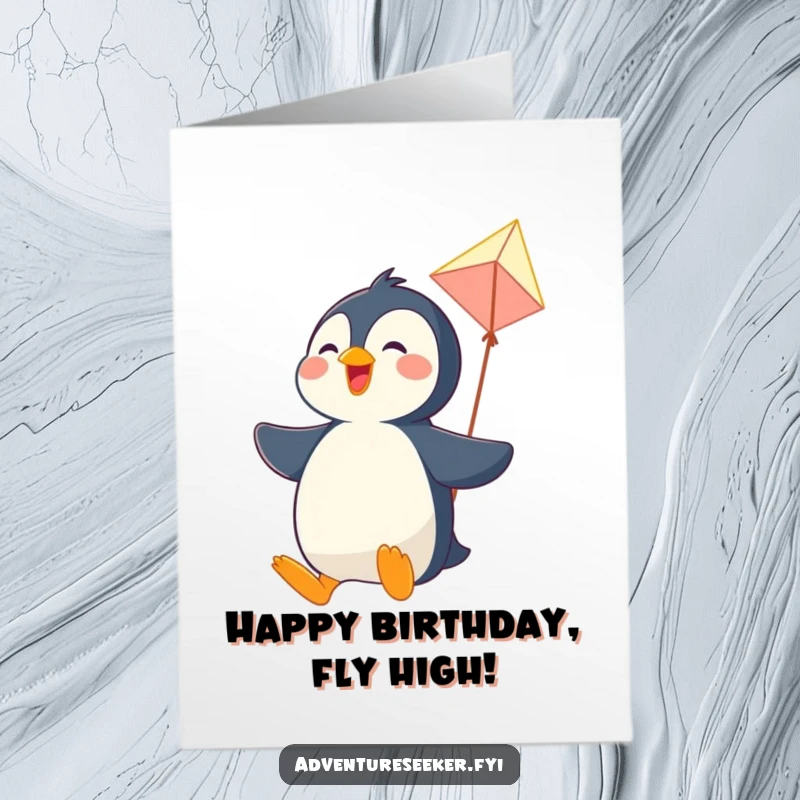 Funny Free Printable Birthday Card: Joyful penguin character happily soaring through the sky on a makeshift kite.
