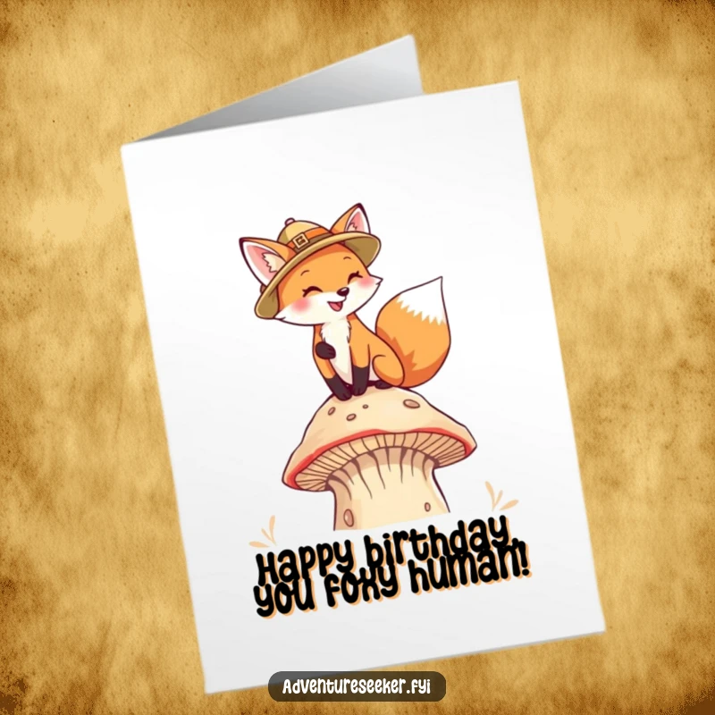 Funny Free Printable Birthday Card: Fox with pith helmet climbing a giant mushroom, adventurous exploration.