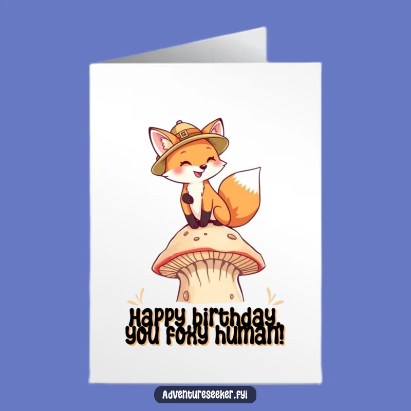 Free Printable Birthday Card: Fox Explorer, Humorous Mushroom Climb, Downloadable Greeting