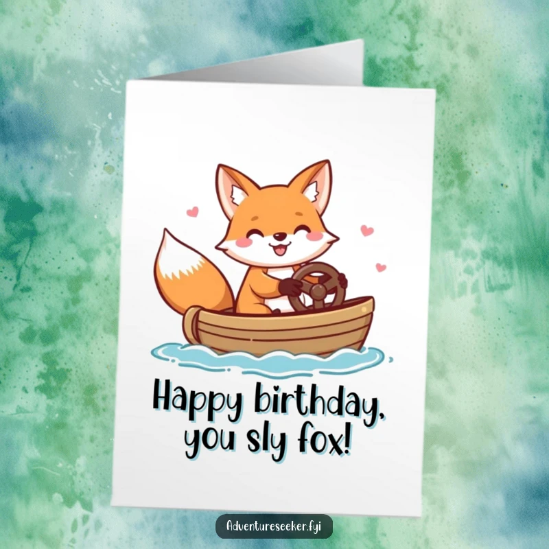 Funny free printable birthday card with a cheerful fox happily steering a small boat, celebrating a special day.