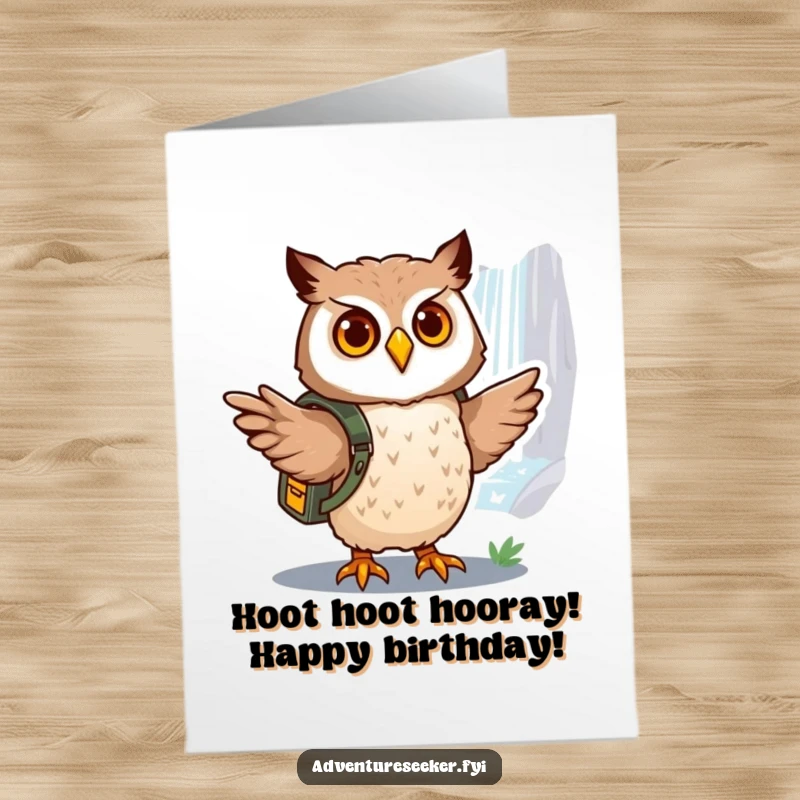 Funny Free Printable Birthday Card: Brave owl with backpack points to a distant shimmering waterfall.
