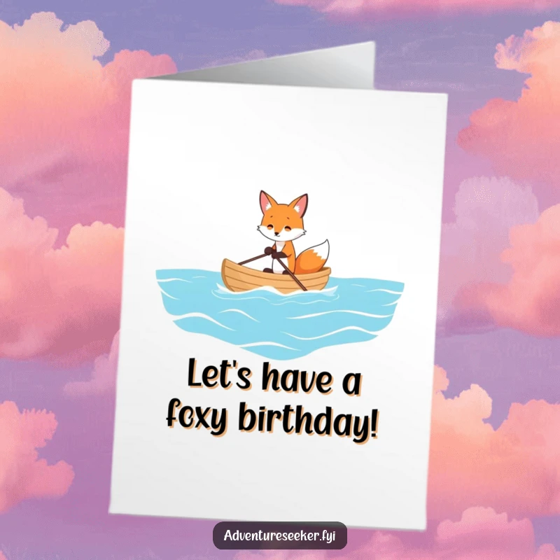 Funny Free Printable Fox Birthday Card: A playful fox rowing a tiny boat on a vast ocean, celebrating a birthday.