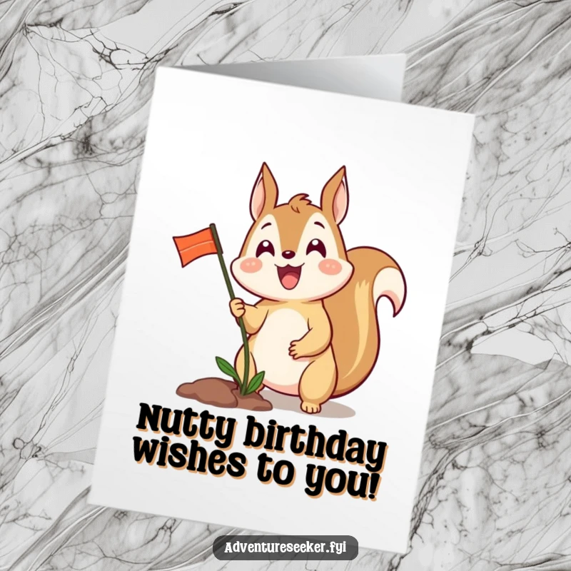 Funny free printable birthday card showing an excited squirrel triumphantly planting a tiny flag.
