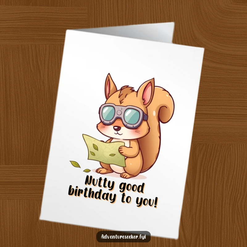 Funny Free Printable Birthday Card: Squirrel wearing goggles decodes a leaf map with intense focus.