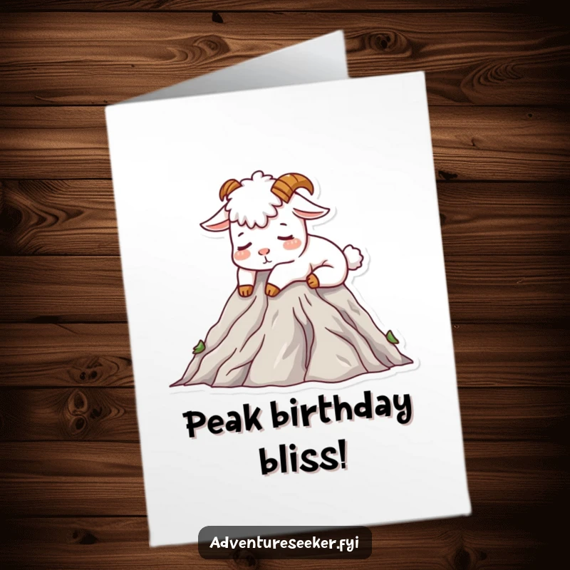Funny Free Printable Birthday Card featuring a contented mountain goat character peacefully napping on a high mountain peak.