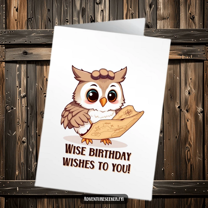 Funny Free Printable Owl Birthday Card: A curious owl navigator studies an ancient map with a smile, planning a birthday adventure.