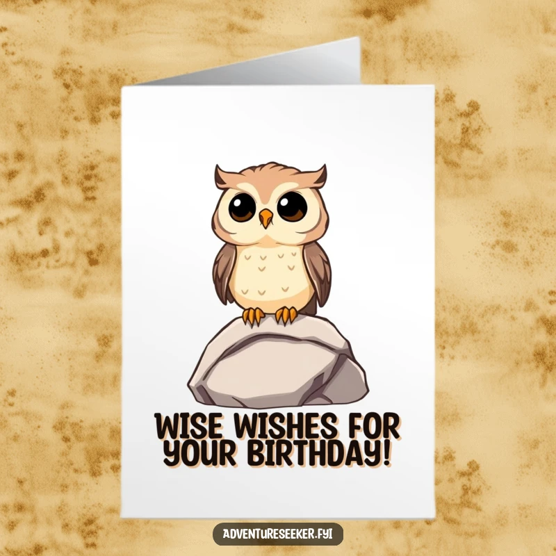 Funny Free Printable Owl Birthday Card: A curious owl on a rock gazes into the distance, wishing happy birthday.