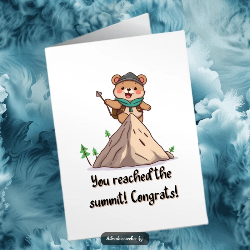 Funny Free Printable Bear Congratulations Card: A determined bear adventurer joyfully ascends a stylized mountain, celebrating success.