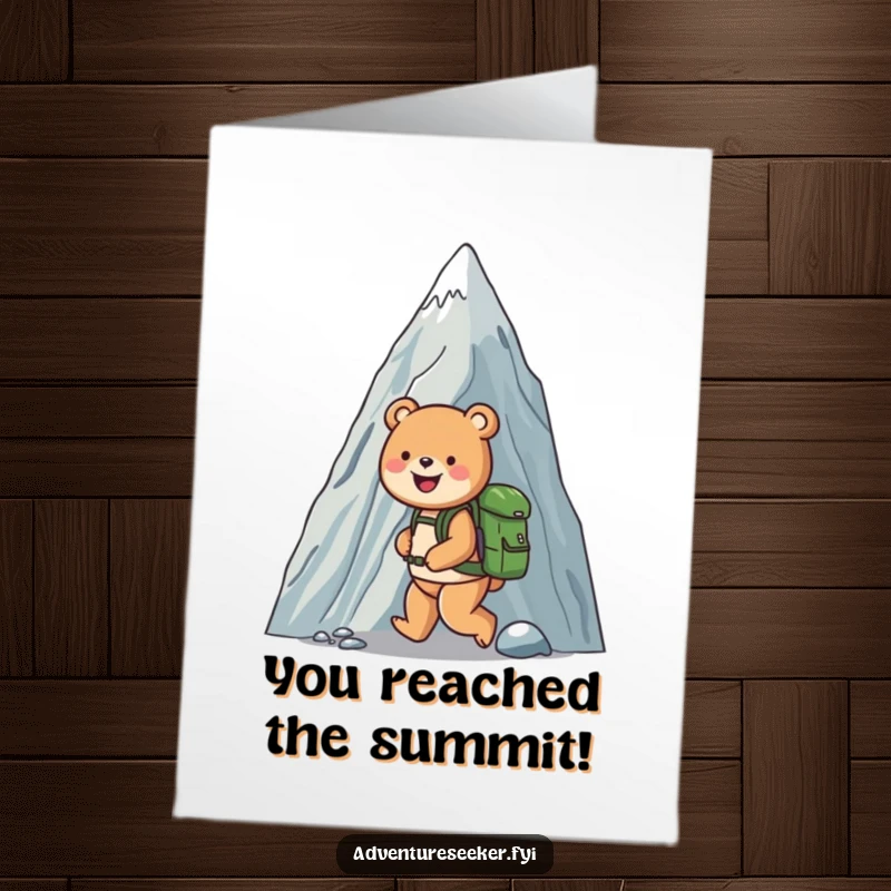 Funny Free Printable Bear Congratulations Card: A happy bear with a backpack conquering a colossal mountain, celebrating success.
