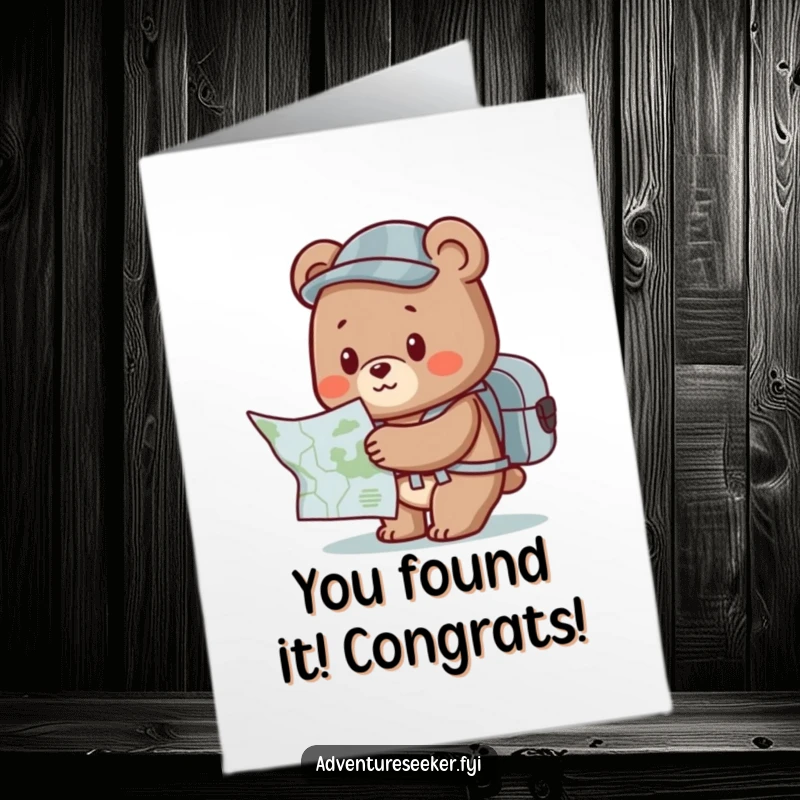 Funny Free Printable Bear Congratulations Card: A cheerful bear with a backpack gazes at a map, celebrating success.