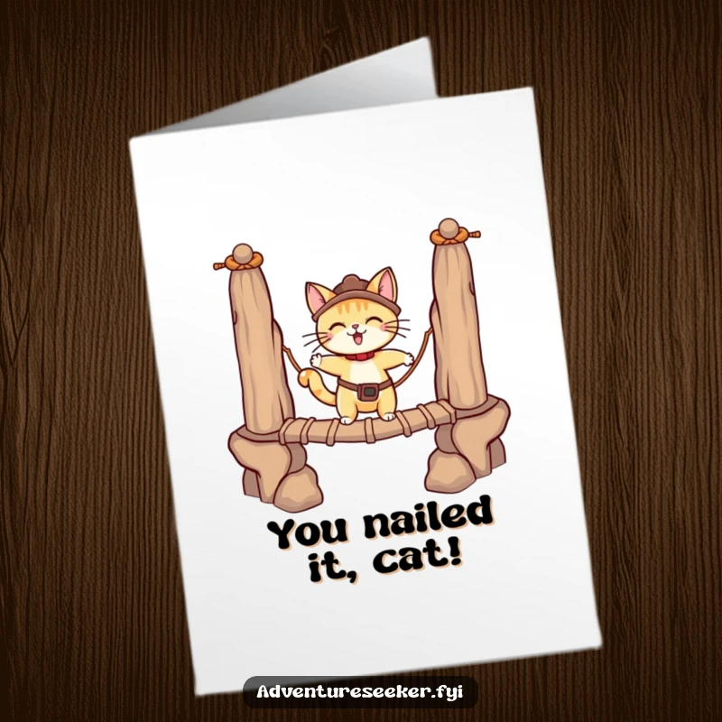 Funny Free Printable Congratulations Card: A brave cat navigates a rope bridge, symbolizing overcoming challenges.