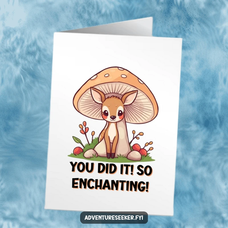 Funny Free Printable Congratulations Card: Shy deer emerges from behind a large mushroom, celebrating a gentle and sweet victory.