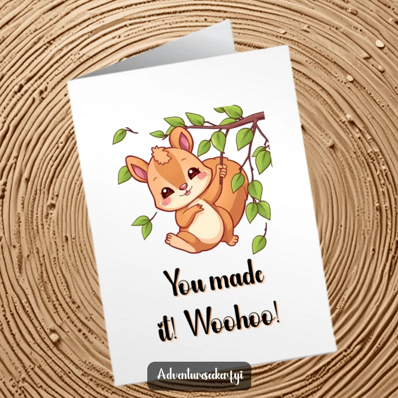 Funny Free Printable Congratulations Card: A playful squirrel character mid-swing from a vine, full of excitement.
