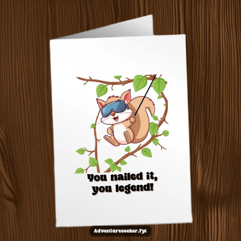 Funny Free Printable Congratulations Card: Squirrel ziplining down a vine, celebrating achievement, speedy success.