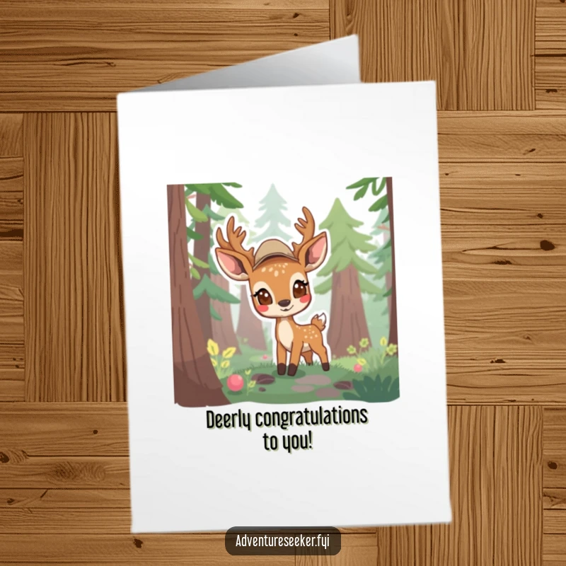 Funny free printable congratulations card of a shy deer scout peeking from a forest, celebrating discovery, a downloadable art piece.