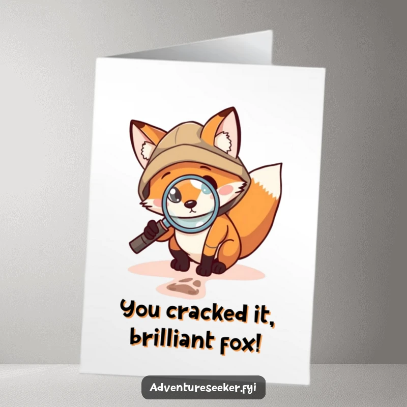 Funny Free Printable Congrats Card: Brave fox explorer with magnifying glass inspecting a tiny footprint, celebrating sharp success.