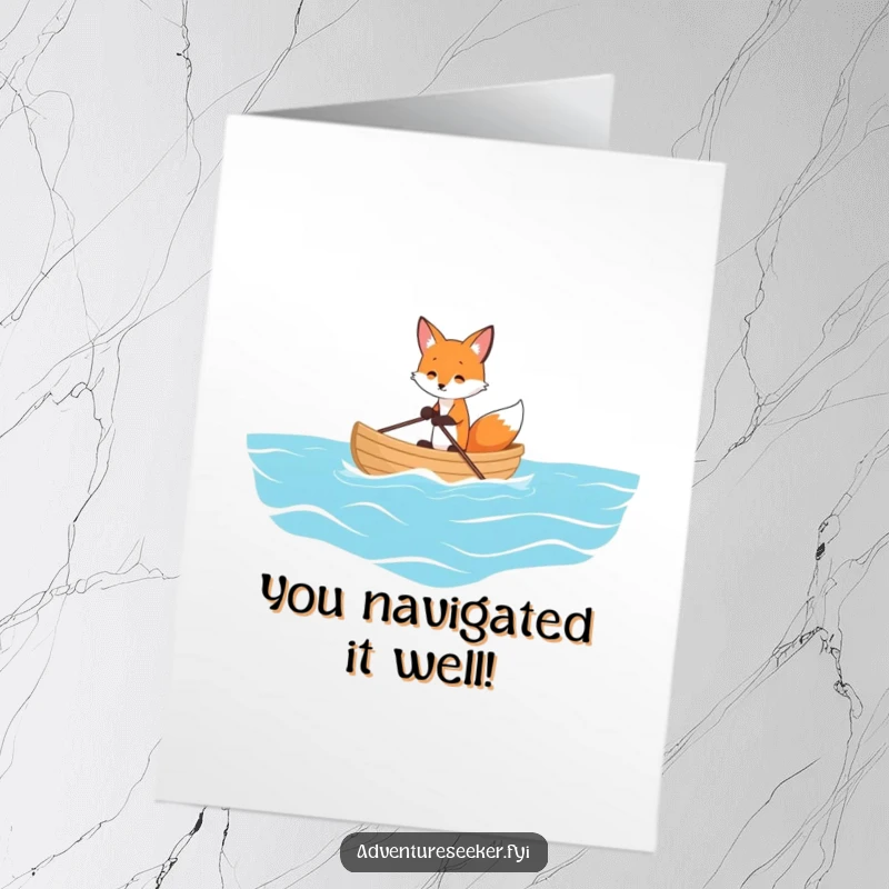 Funny Free Printable Fox Congratulations Card: A playful fox rowing a tiny boat on a vast ocean, celebrating a journey.