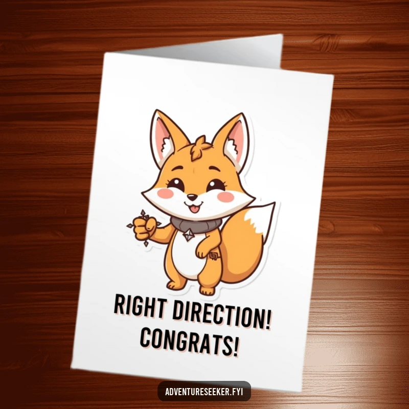 Funny Free Printable Fox Congratulations Card: A determined fox with a compass points forward, celebrating a successful journey.