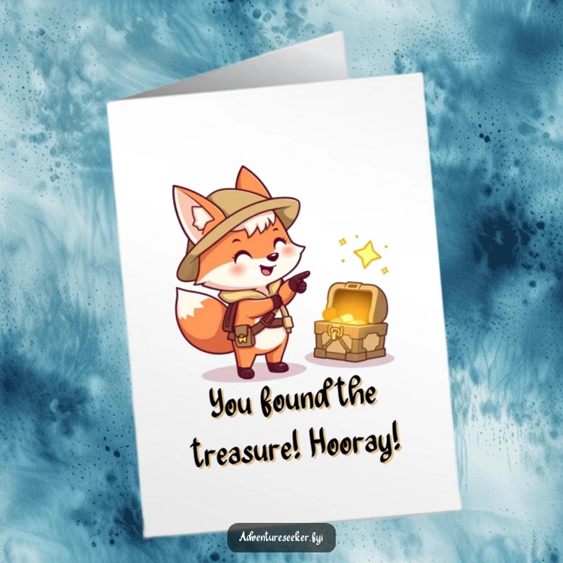 Funny Free Printable Fox Congratulations Card: An excited fox explorer points at a sparkling treasure chest, signifying a win.