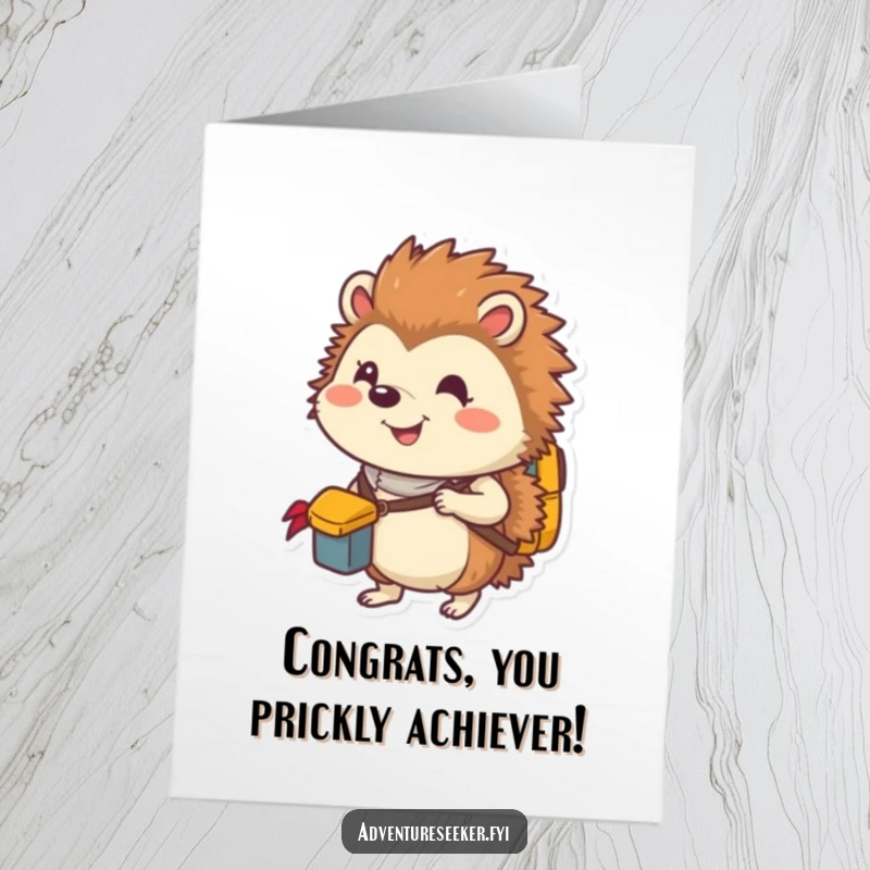 Funny free printable congratulations card of a smiling hedgehog explorer packing a backpack, celebrating readiness, a downloadable art piece.