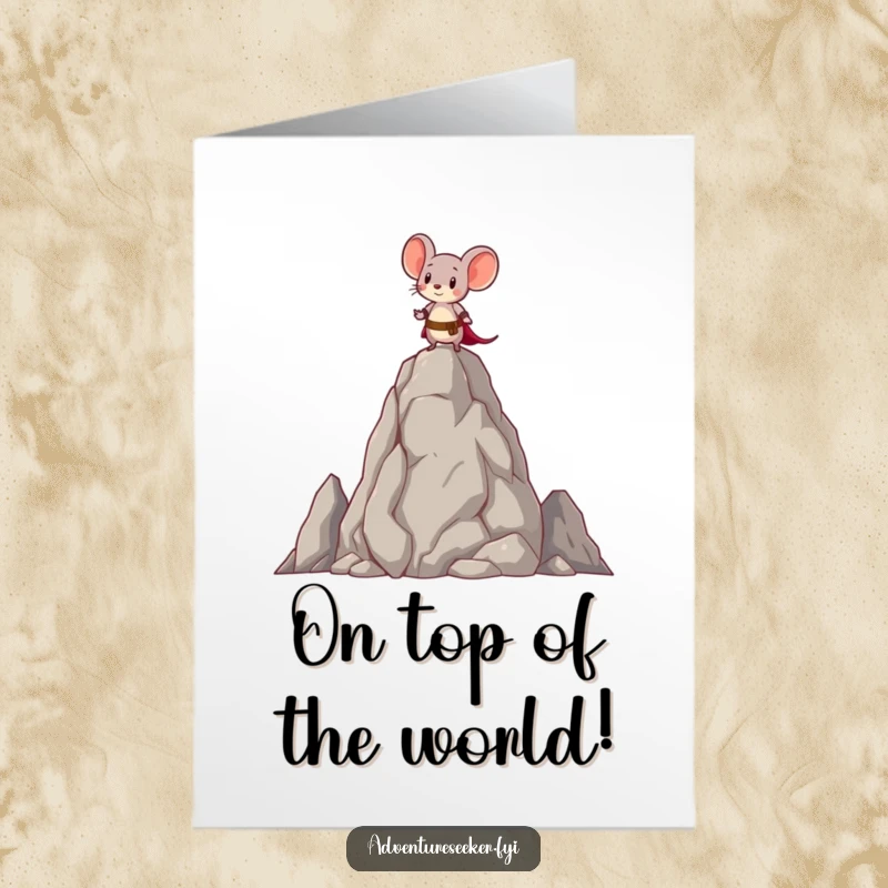Funny Free Printable Congratulations Card: Brave little mouse standing tall on a rock, celebrating a huge success.