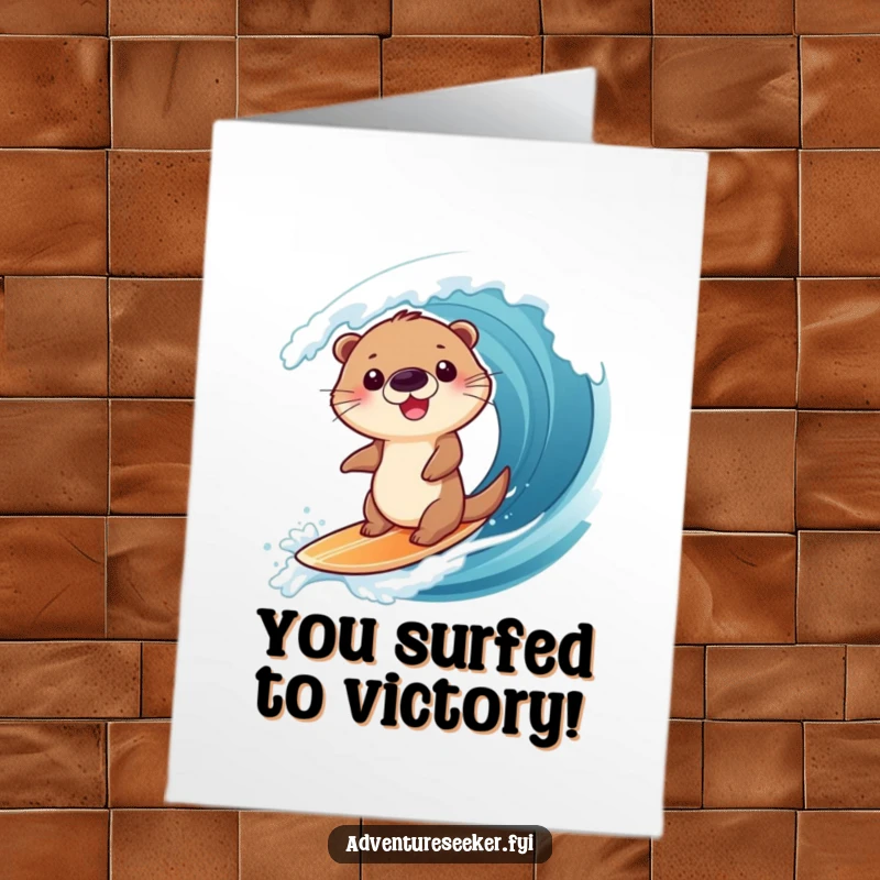 Funny Free Printable Otter Congrats Card: Giggling otter expertly surfing a giant wave, celebrating a win.