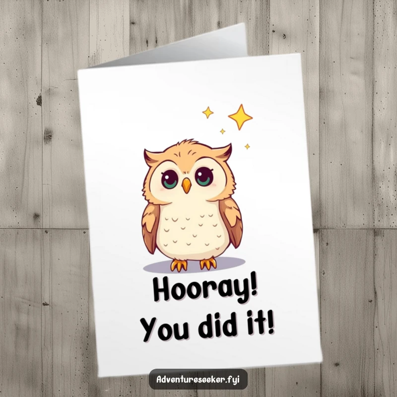 Funny Free Printable Congratulations Card with a curious owl character looking at a distant star, symbolizing aspirations.