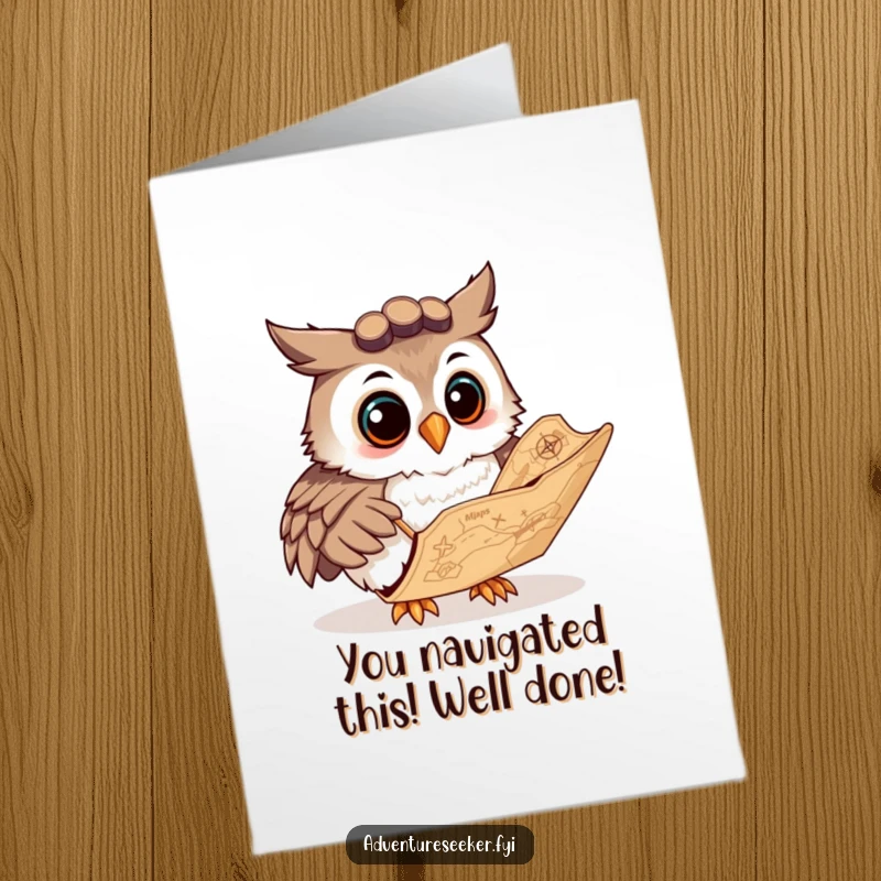 Funny Free Printable Owl Congratulations Card: A curious owl navigator smiles while studying a map, celebrating a successful navigation.