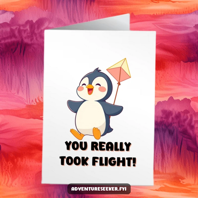 Funny Free Printable Congratulations Card: Joyful penguin character soaring triumphantly on a kite after achieving success.