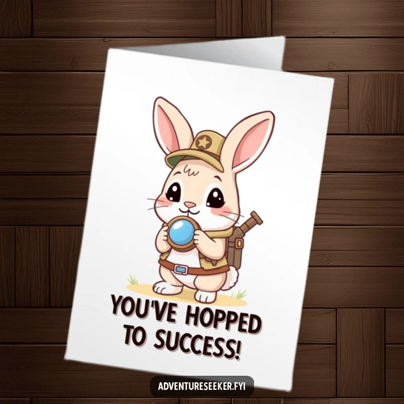 Funny Free Printable Congrats Card: Curious rabbit scout with mini compass looking eagerly ahead, celebrating forward progress.