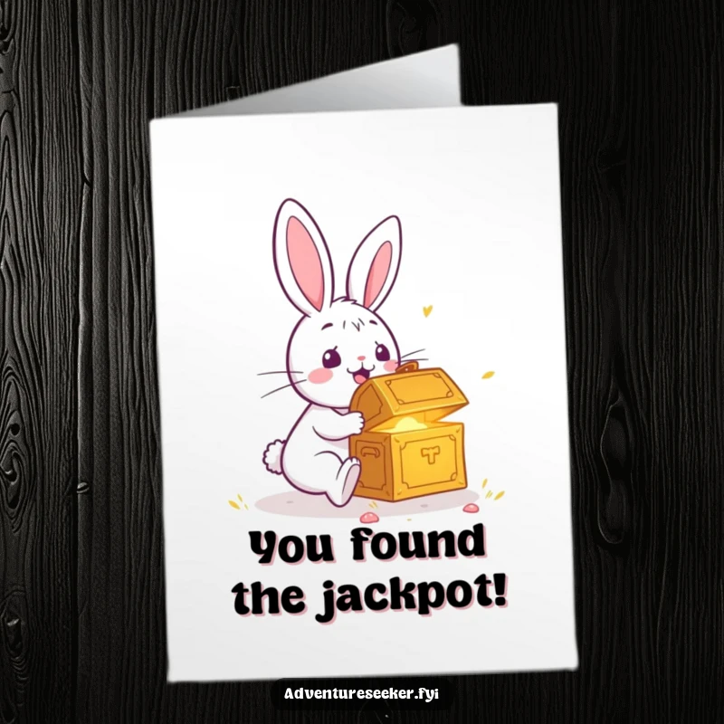 Funny Free Printable Rabbit Congratulations Card: A surprised rabbit stumbling upon a glowing treasure chest, celebrating a win.