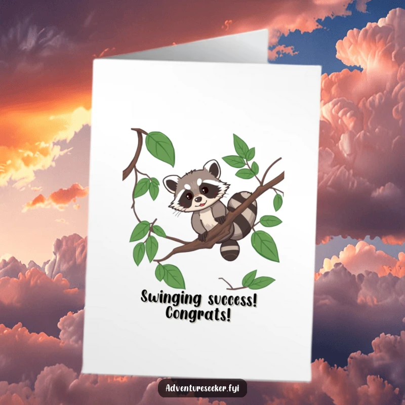 Funny Free Printable Congratulations Card: a resourceful raccoon expertly navigates a jungle vine, celebrating success with wit.