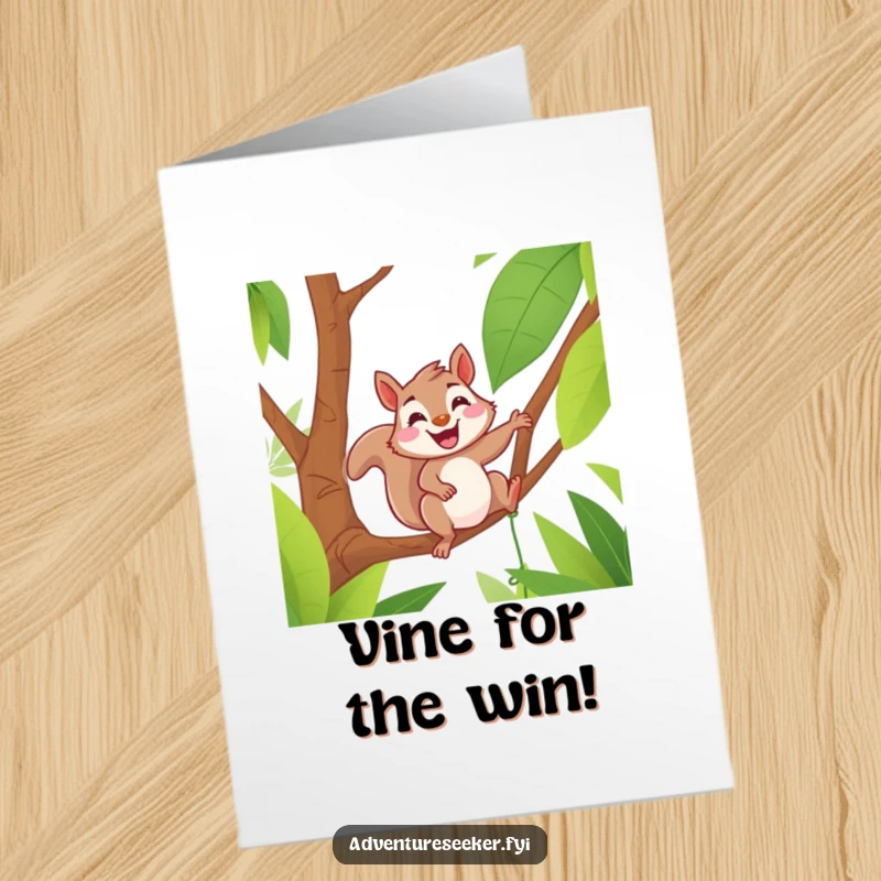 Funny Free Printable Squirrel Congratulations Card: A delighted squirrel grinning as it swings on a jungle vine, celebrating success.