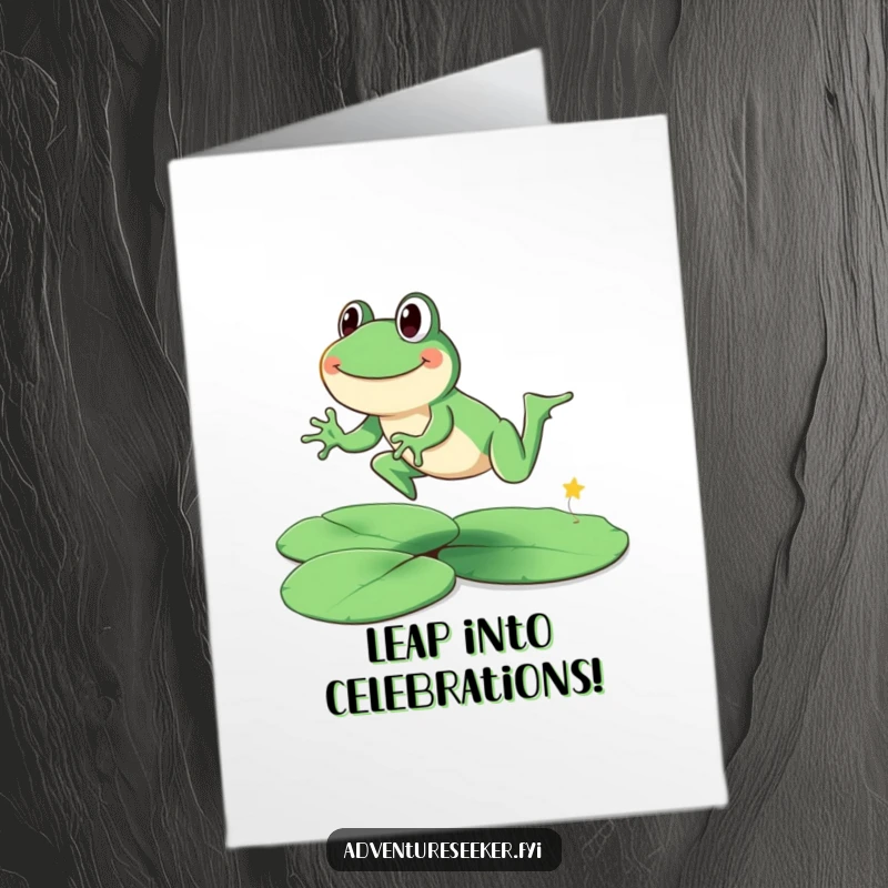 Funny Free Printable Congratulations Card: A frog leaps across lily pads, celebrating a successful new venture.