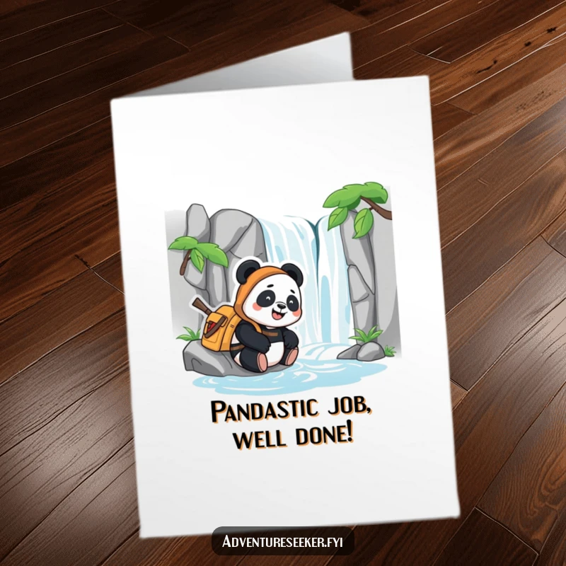 Funny free printable congratulations card featuring a happy panda adventurer resting near a waterfall, celebrating achievement, a downloadable gift.