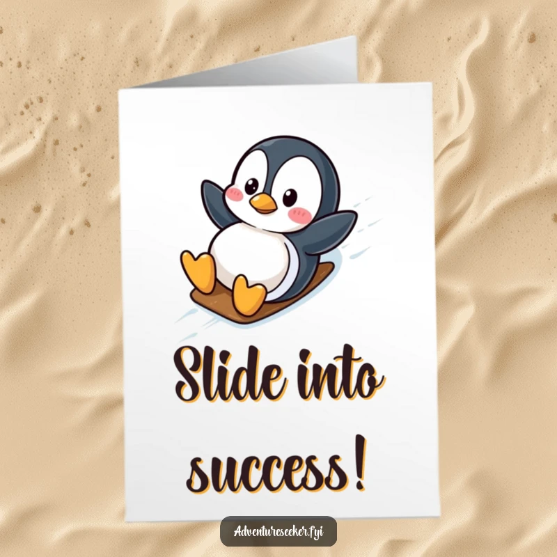 Funny Free Printable Congratulations Card: A penguin slides across ice to celebrate a fantastic achievement.
