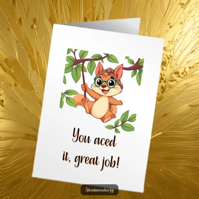 Funny Free Printable Congrats Card: Determined squirrel explorer smiling while swinging from a vine, celebrating a joyful leap.