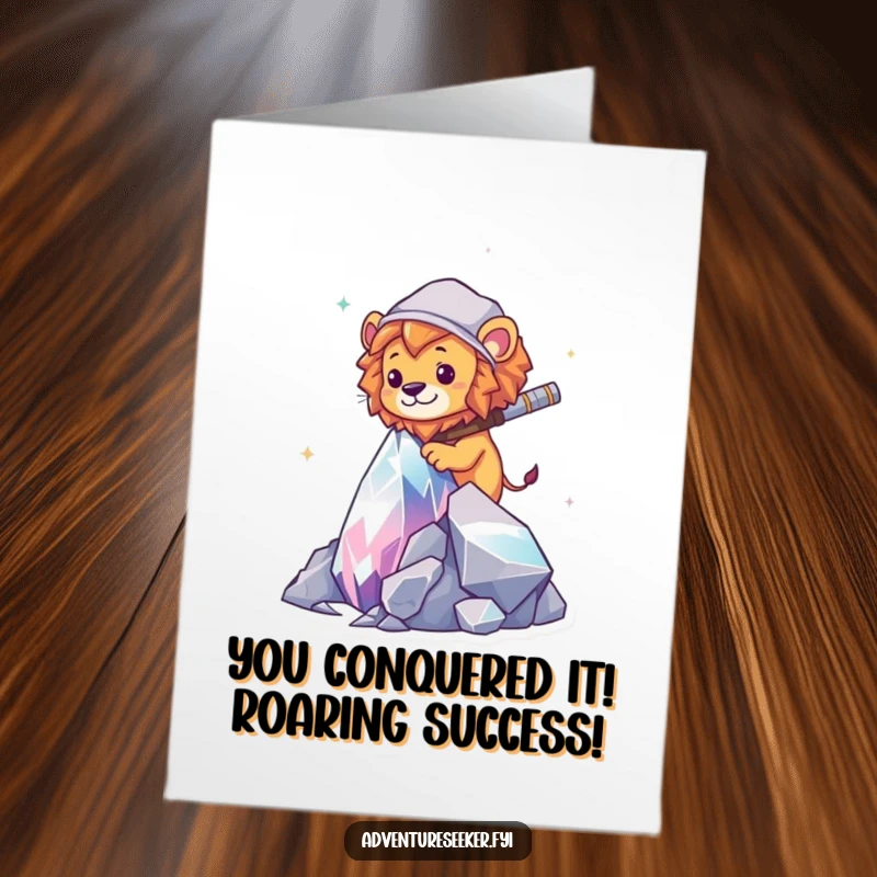 Funny Free Printable Congratulations Card: Lion explorer scaling crystal, symbolizing reaching new heights and overcoming challenges.