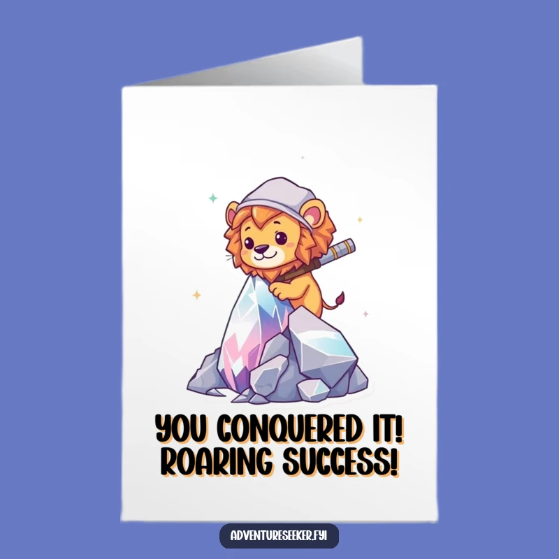 Free Printable Congrats Card: Lion Explorer Reaching New Peaks - Downloadable Achievement Gift