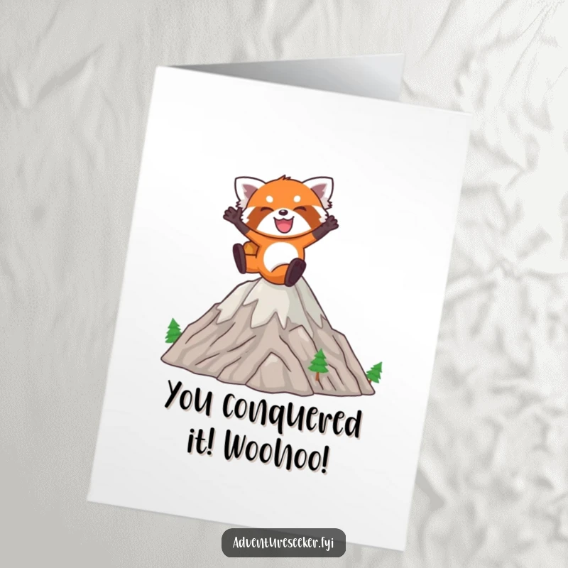 Funny Free Printable Congratulations Card: Joyful red panda leaping over miniature mountains, celebrating a big win.