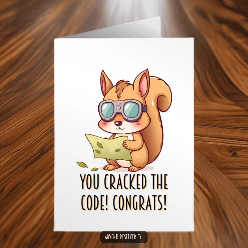 Funny Free Printable Congratulations Card: Curious squirrel with goggles decodes a leaf map.