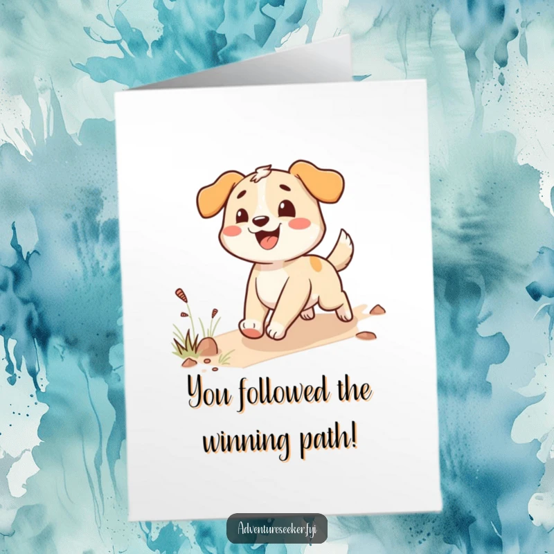 Funny Free Printable Congratulations Card: A happy dog character enthusiastically following a winning trail, full of joy.