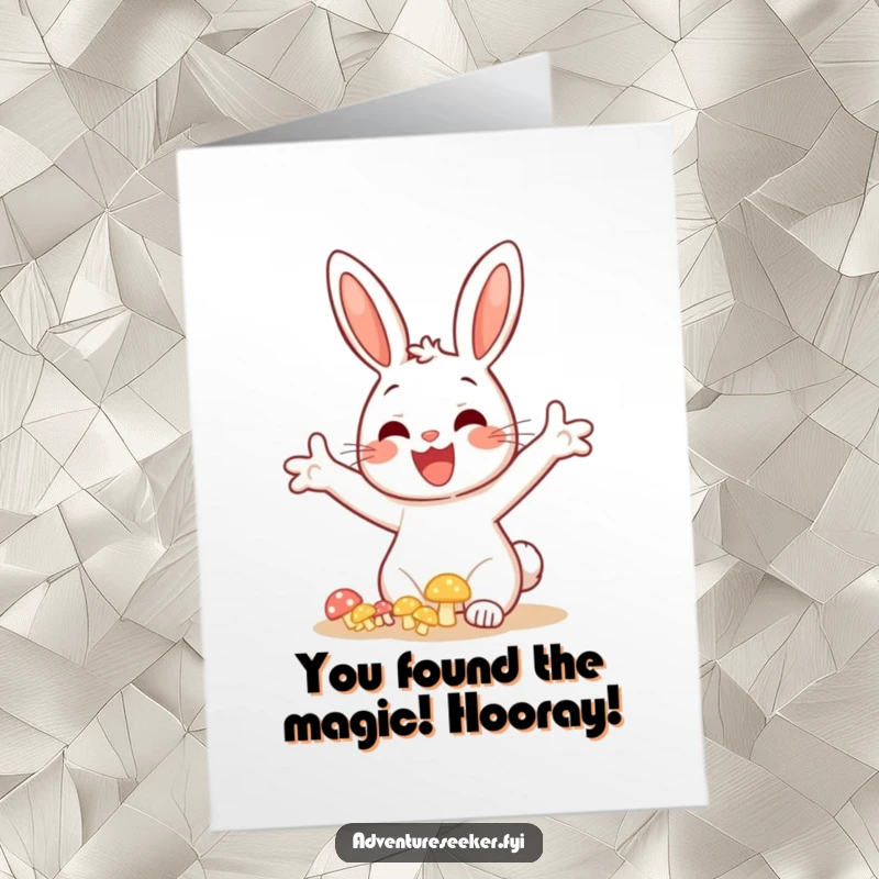 Funny Free Printable Congratulations Card: Bunny excitedly discovers a cluster of glowing mushrooms.
