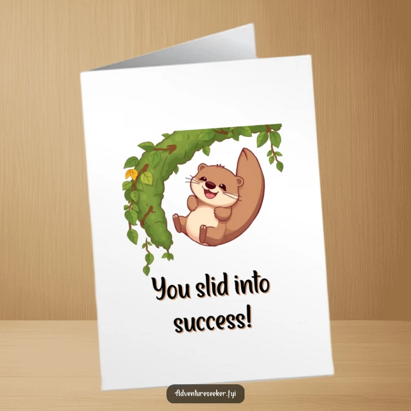 Funny Free Printable Congratulations Card: Giggling otter celebrating success by sliding down a jungle vine.
