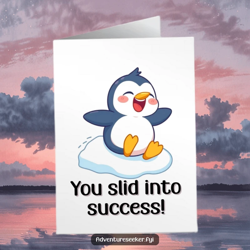 Funny Free Printable Penguin Congrats Card: Penguin sliding with joy, celebrating a win, perfect downloadable congratulations.