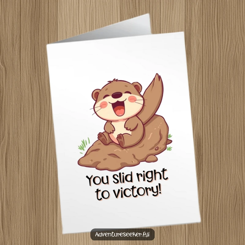 Funny Free Printable Congratulations Card: A giggling otter sliding down a muddy hill with infectious glee, celebrating a happy moment.