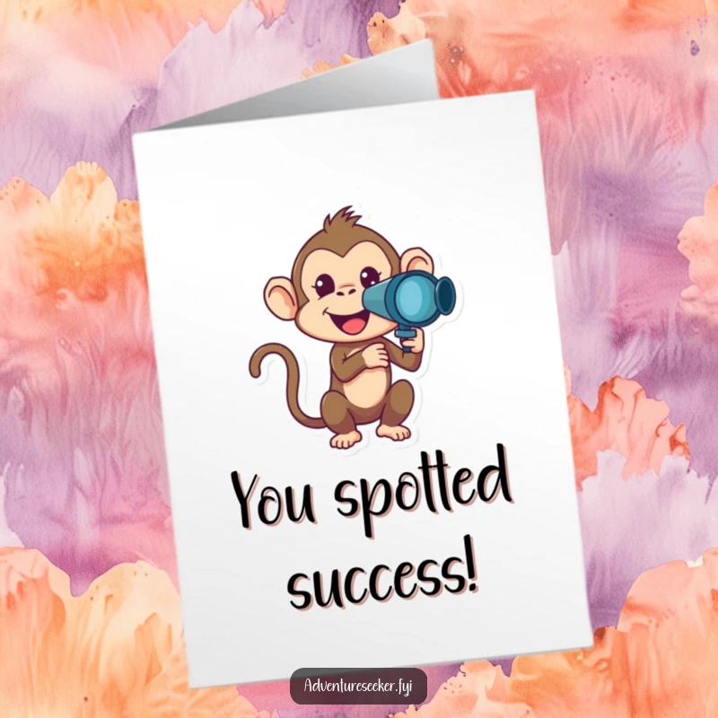 Funny Free Printable Congratulations Card featuring a mischievous monkey with a telescope, symbolizing foresight and ambition.
