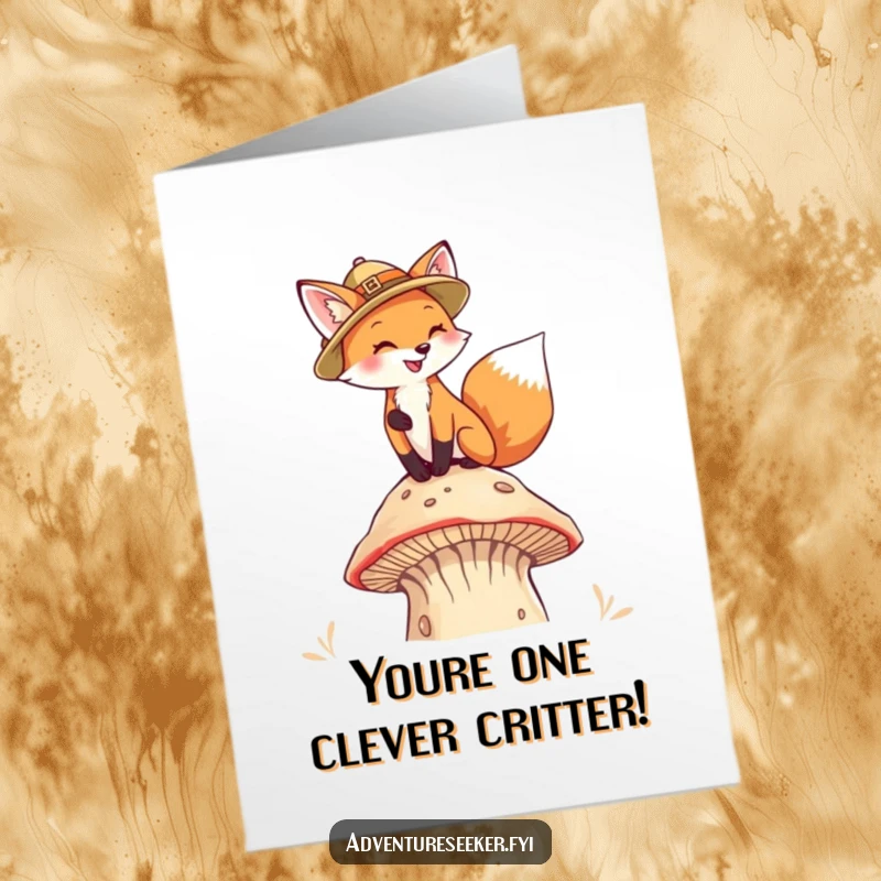 Funny Free Printable Congratulations Card: Fox in pith helmet scaling a huge mushroom, achievement, success.