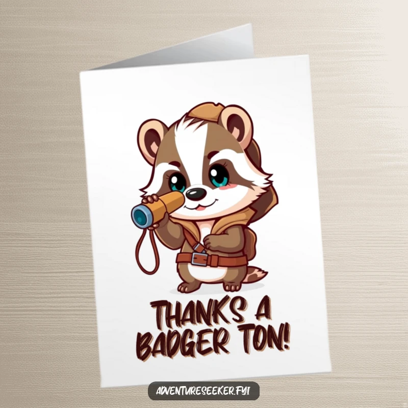 Funny free printable thank you card with a brave badger explorer peering through a spyglass, expressing thanks, a perfect downloadable gift.