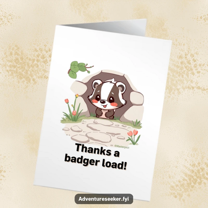 Funny Free Printable Thank You Card showing a happy badger character discovering a hidden path, signifying appreciation for guidance.